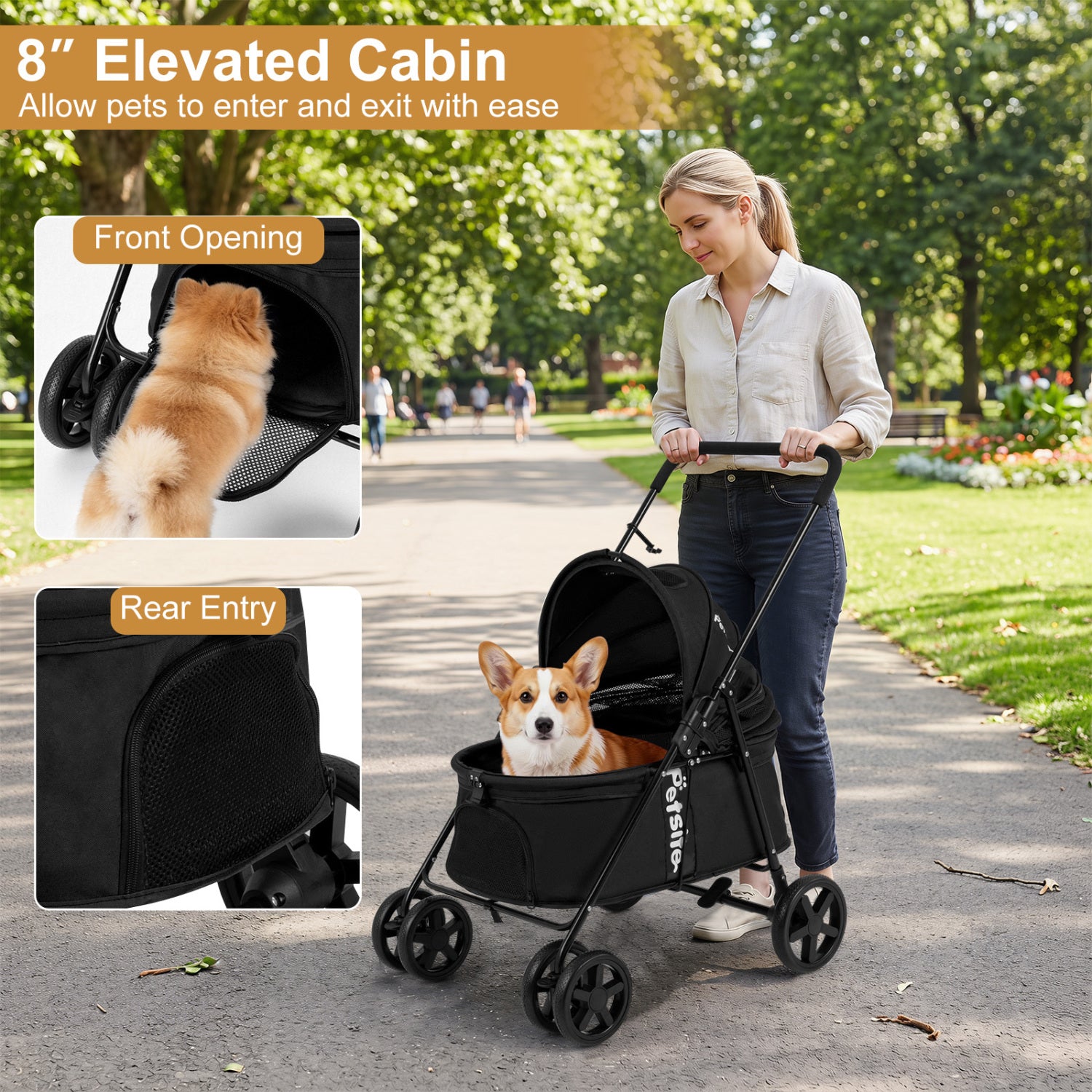 Pet Stroller for Small Medium Dogs Foldable with One-Step Rear Brake and Canopy, Black Dog Supplies at Gallery Canada