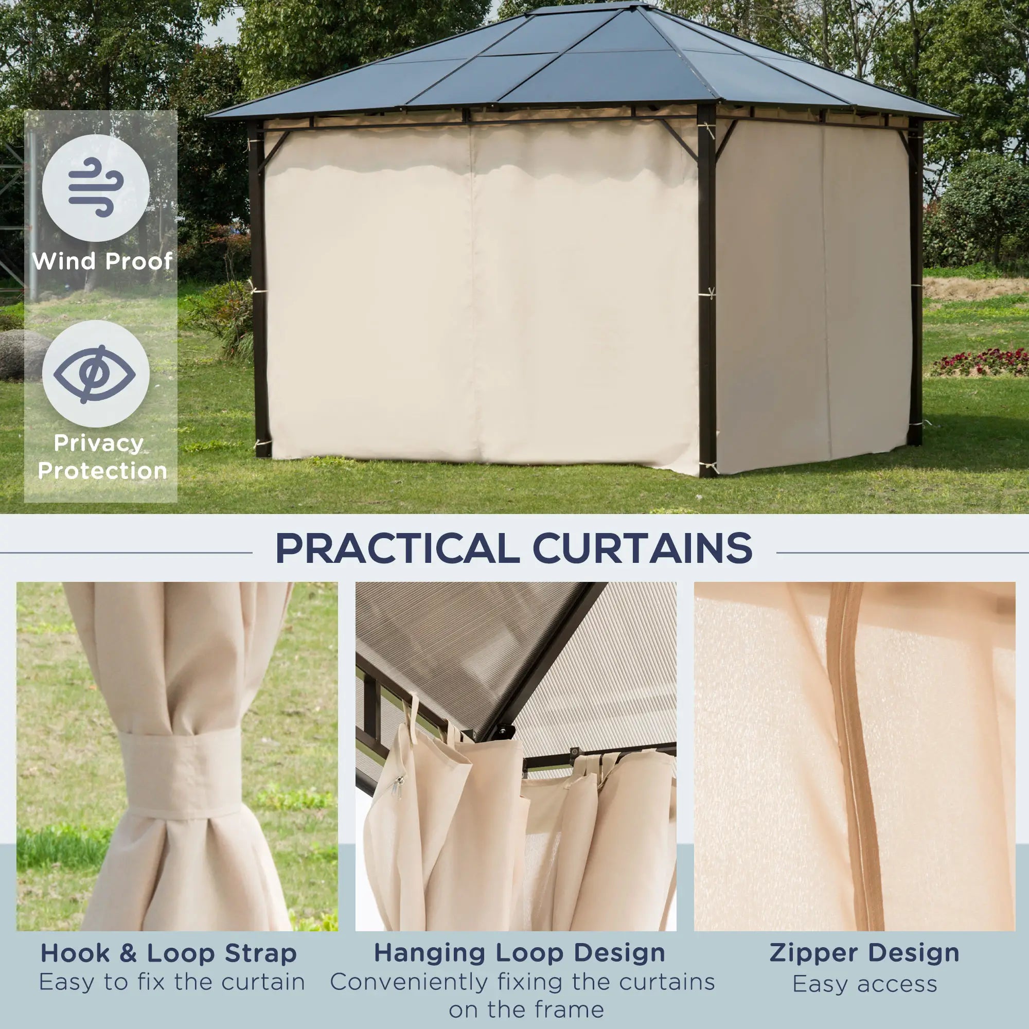10' x 12' Outdoor Gazebo, Polycarbonate Roof, Removable Curtains Gazebos at Gallery Canada