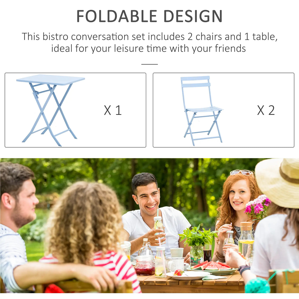 3 Piece Bistro Set, Foldable Patio Chairs, Square Table, Blue Bistro Sets at Gallery Canada