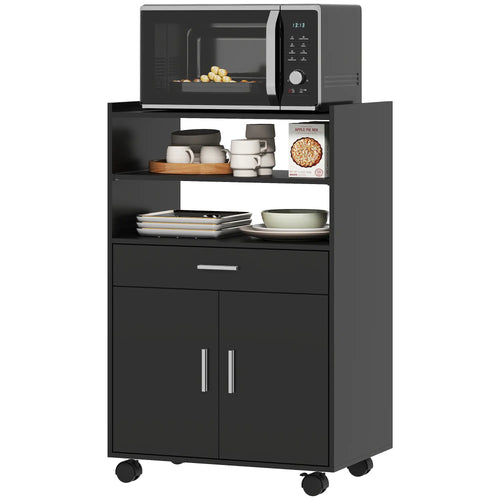 Microwave Cart with Wheels, Open Shelves and Drawer, Black