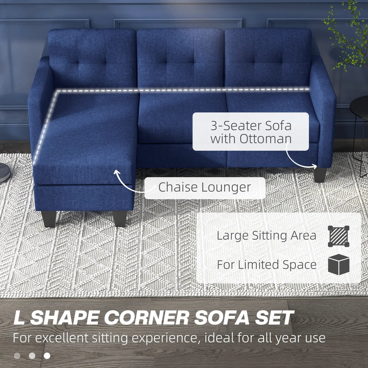 L-Shaped Sofa, 3 Seater Sectional Couch with Ottoman, Dark Blue 3-Seater Sofas at Gallery Canada