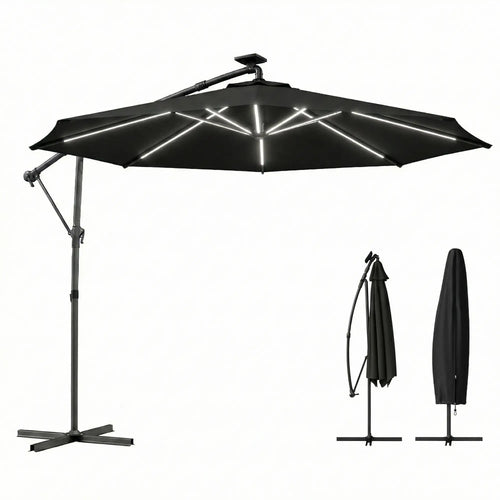 10 ft Offset Patio Umbrella With Solar Light, 360° Rotation, Tilt, Cover, Black