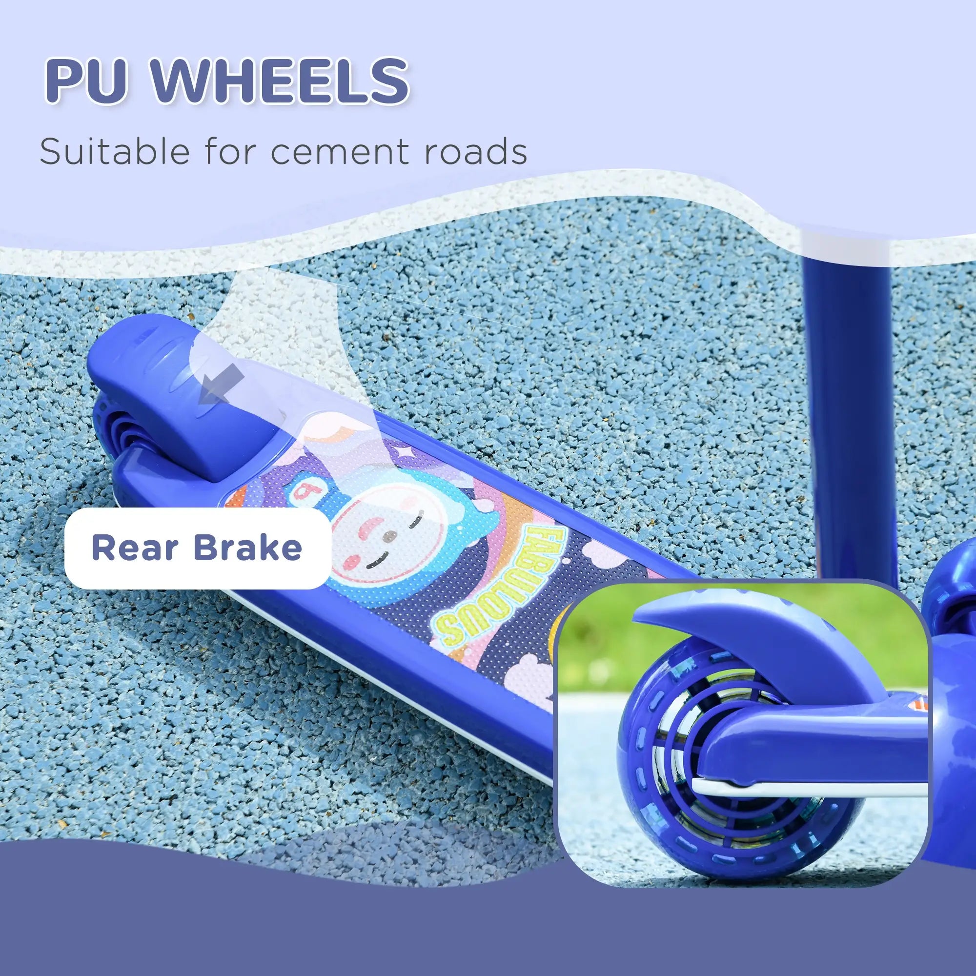 3 Wheel Kids Scooter, Adjustable Height, Rear-Fender Brake, LED Light, TPE Handlebar, Blue Scooters at Gallery Canada
