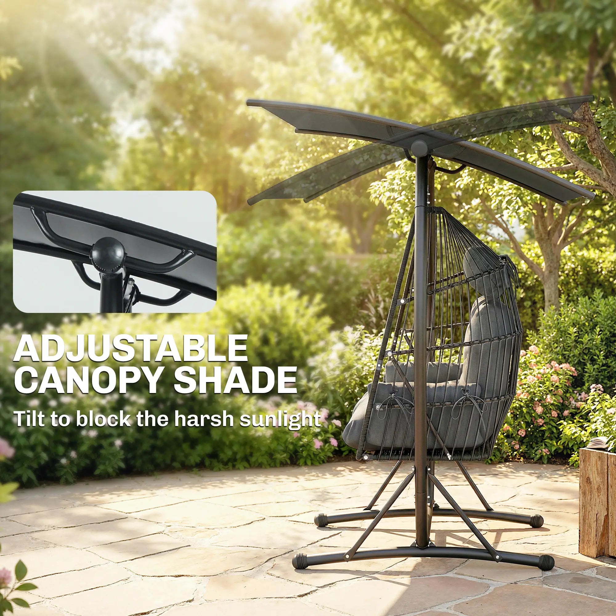 Hanging Double Egg Chair with Canopy, Cushion, Stand, Dark Grey Patio Swings with Stand at Gallery Canada