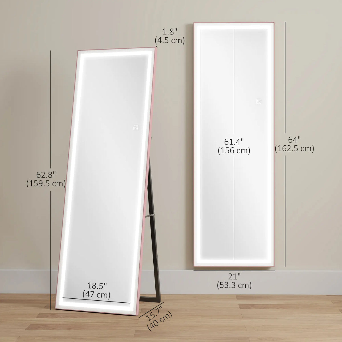 LED Mirror with Dimmable 3 Color Lights, 64" x 21", Pink Full Length Mirrors at Gallery Canada