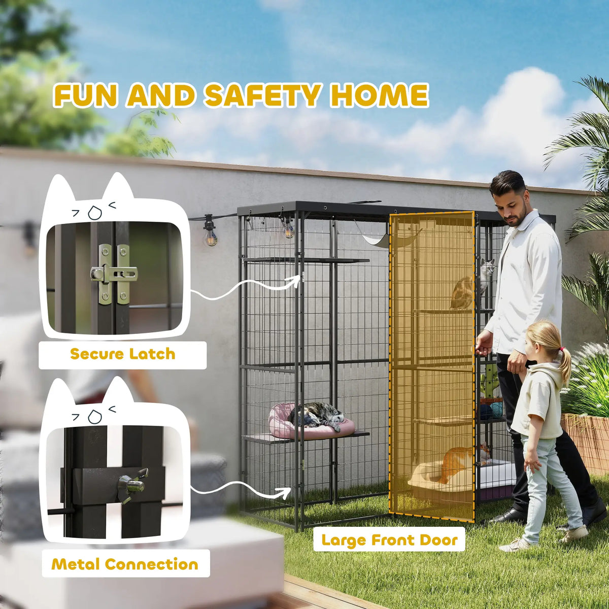 Wire Catio, 69" x 22" x 62", Waterproof Cover, 4 Platforms, Hammock, Black Outdoor Cat Enclosures at Gallery Canada