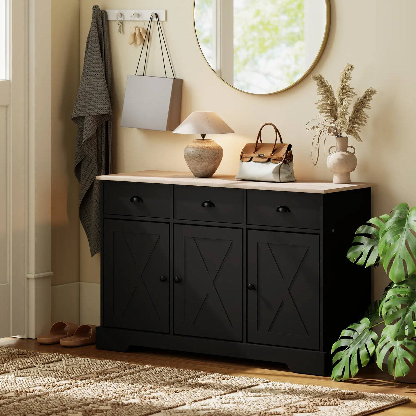 46.5" Buffet Cabinet, Farmhouse Sideboard, 3 Barn Doors, 3 Drawers, Black Bar Cabinets at Gallery Canada