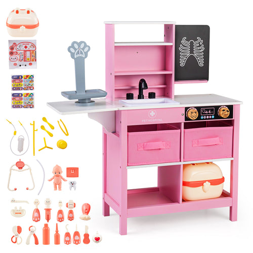 Play Doctor's Office Wood Medical Center Toy Set with Blackboard, Pink