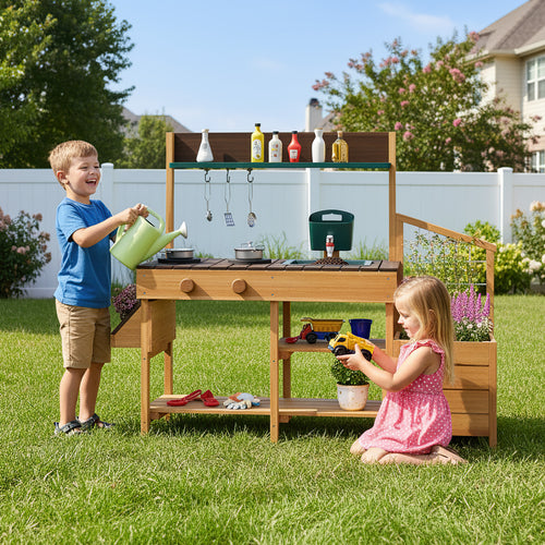 Kids Wooden Play Kitchen, Pretend Mud Kitchen, Brown
