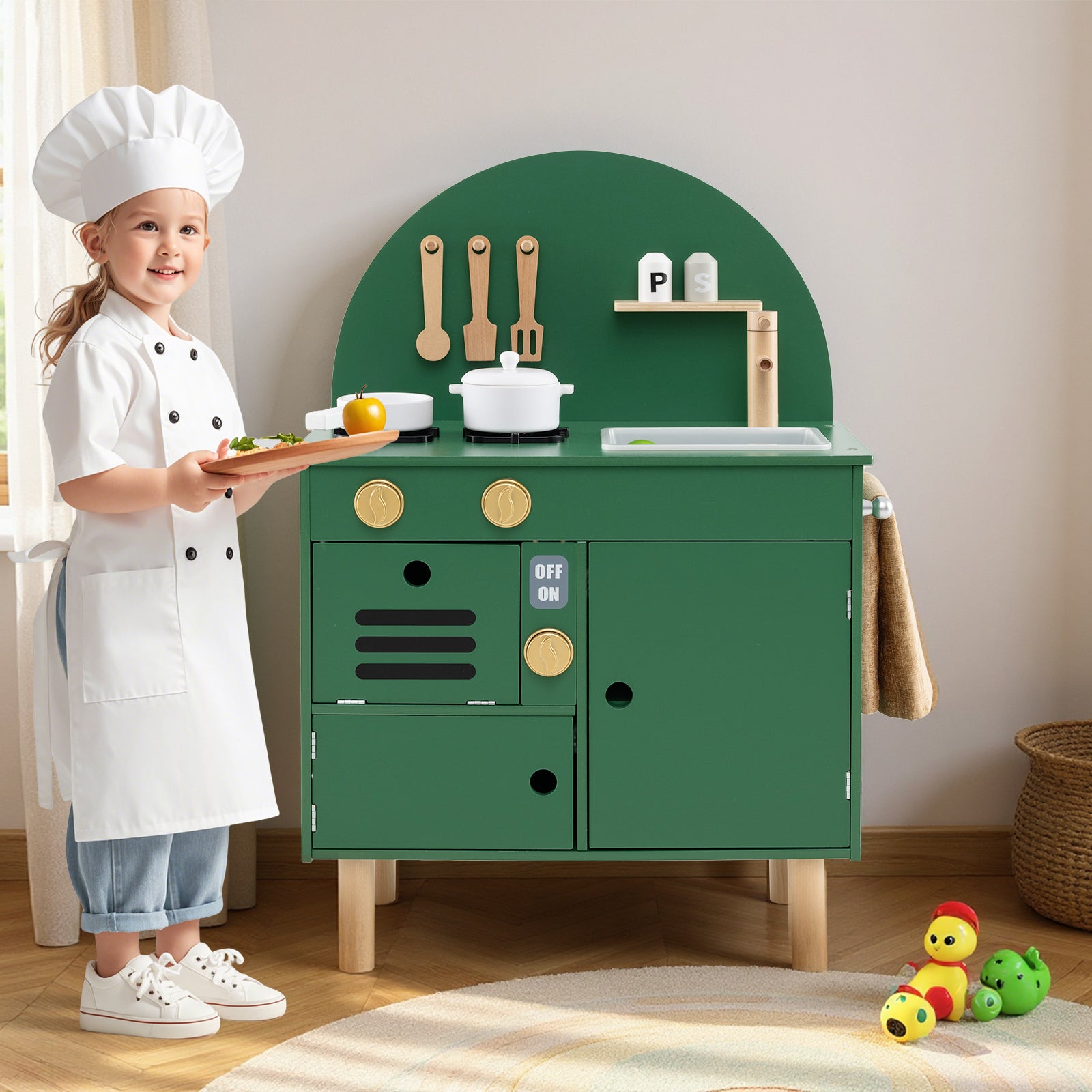 Kids Wooden Play Kitchen Set, With Stove Sink Microwave Oven, Green Play Kitchen Sets at Gallery Canada
