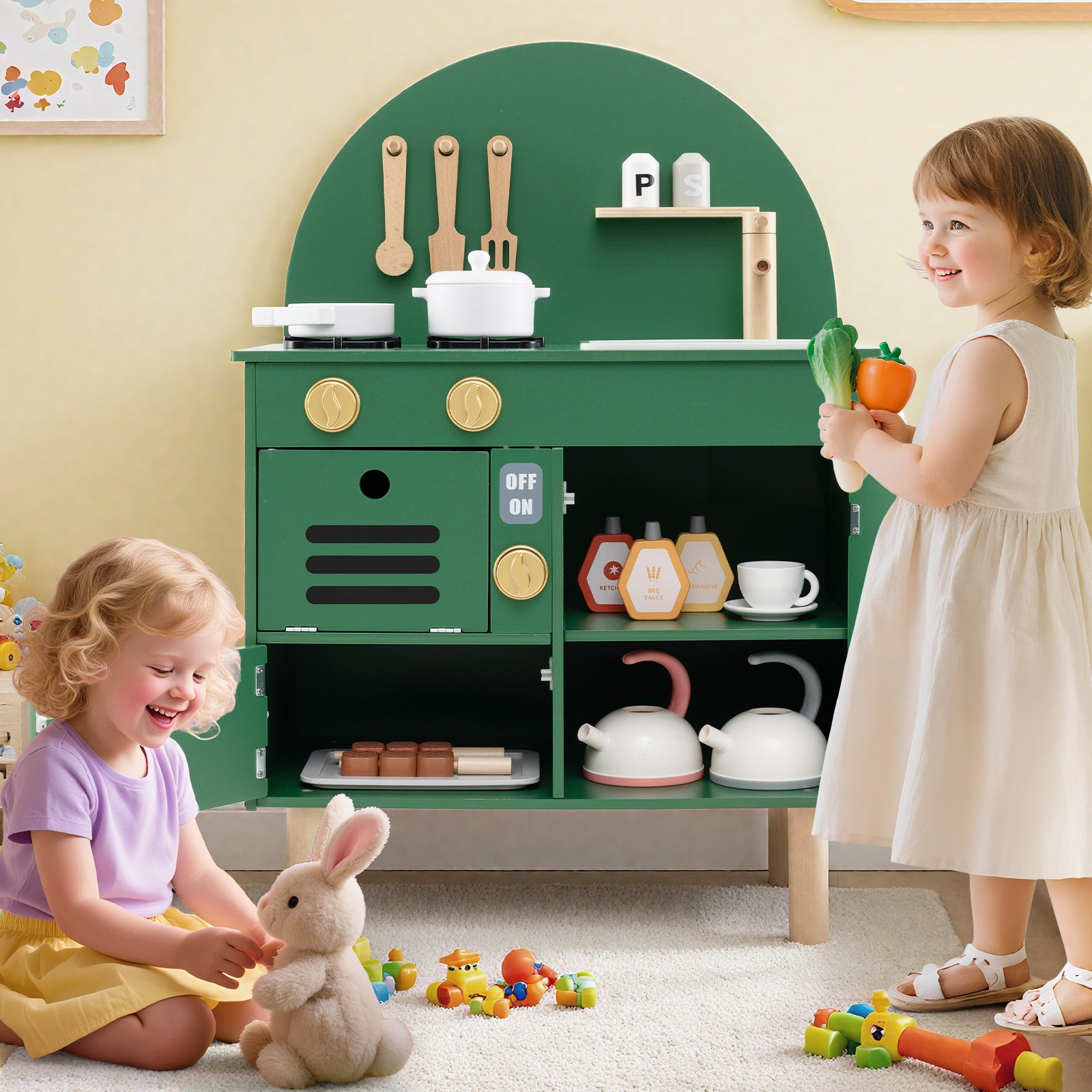 Kids Wooden Play Kitchen Set, With Stove Sink Microwave Oven, Green Play Kitchen Sets at Gallery Canada