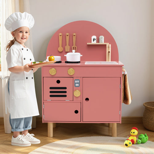 Kids Wooden Play Kitchen Set With Stove, Sink, Microwave, Oven, Pink