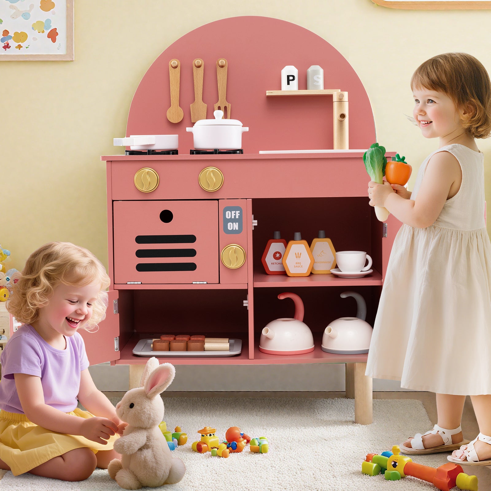 Kids Wooden Play Kitchen Set With Stove, Sink, Microwave, Oven, Pink Play Kitchen Sets at Gallery Canada