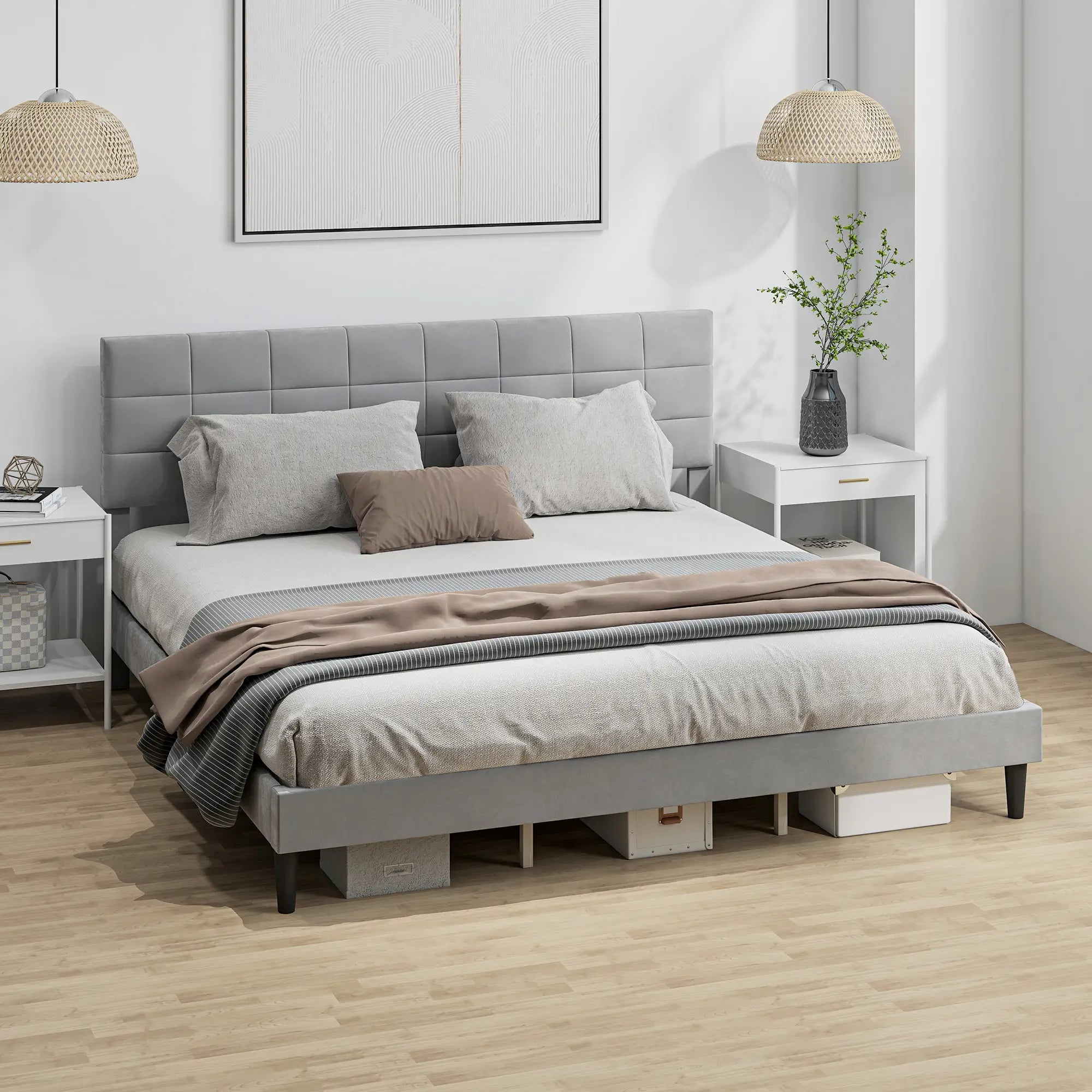 King Size Bed Frame, Upholstered Headboard, Wood Slats, 1100 lbs, Grey Bed Frames at Gallery Canada
