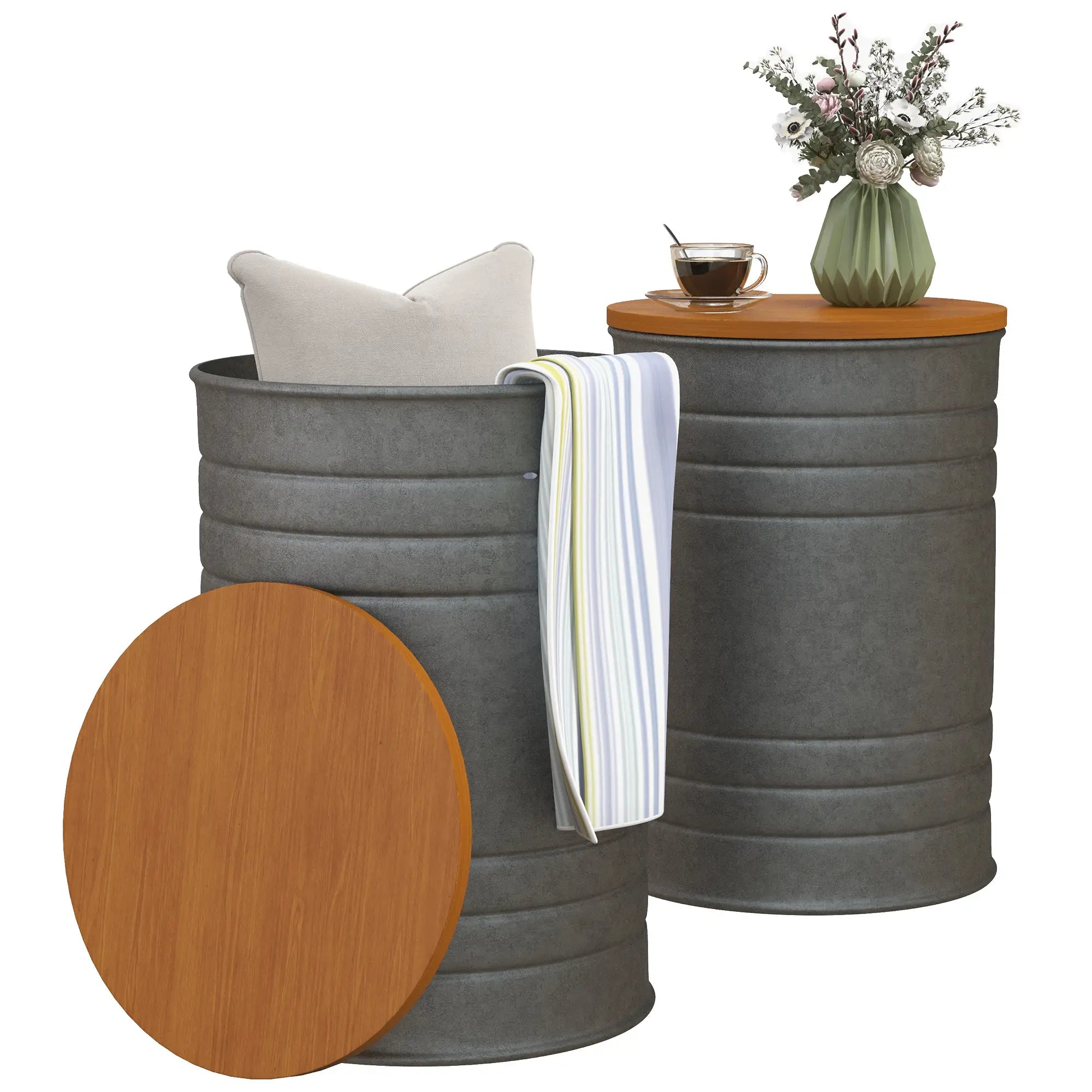 Round Side Table Set of 2, Nesting Coffee Tables, Wooden Lid, Galvanized Frame, Hidden Storage, Grey Side Tables at Gallery Canada