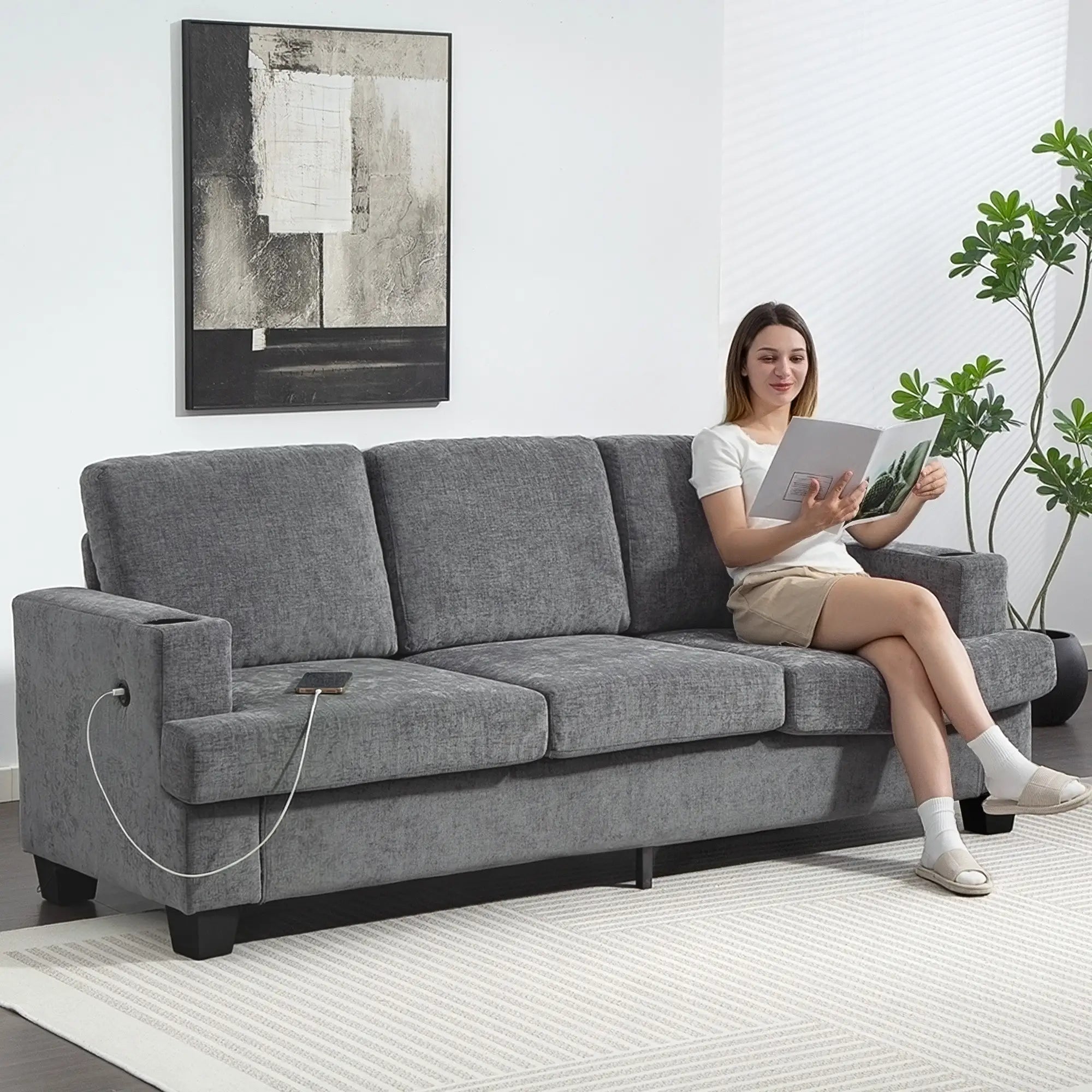 3 Seater Sofa with USB Ports, Cup Holders, Chenille Upholstery, Grey 3-Seater Sofas at Gallery Canada