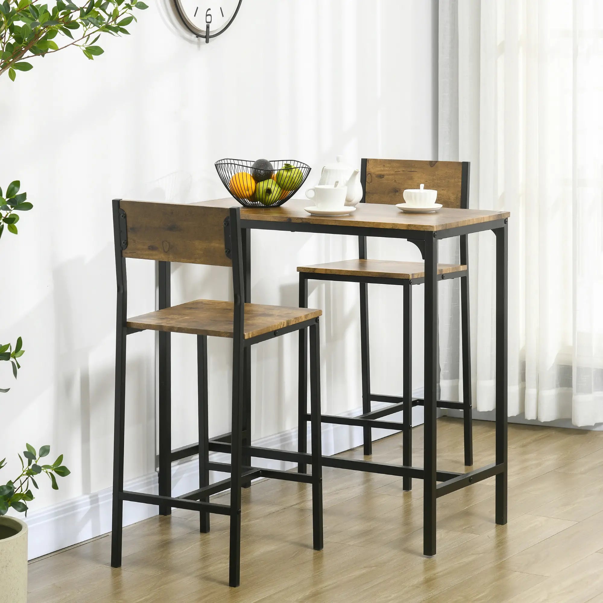 Industrial Bar Table Set, 3 Piece, 2 High Back Stools, Rustic Brown Bar Sets at Gallery Canada