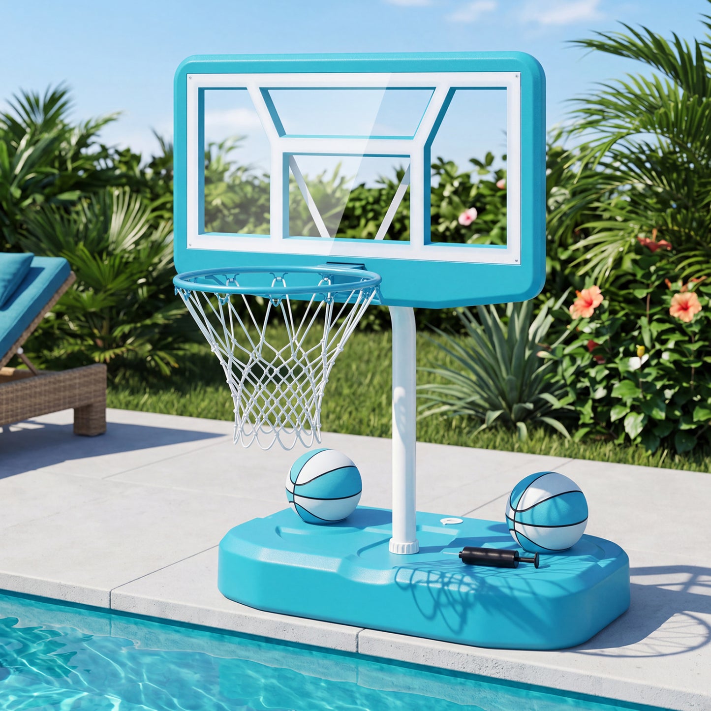 Pool Basketball Hoop Set, 2 Balls, Pump, Light Blue