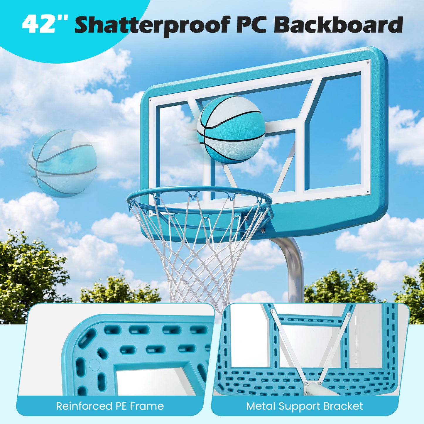Pool Basketball Hoop Set, 2 Balls, Pump, Light Blue