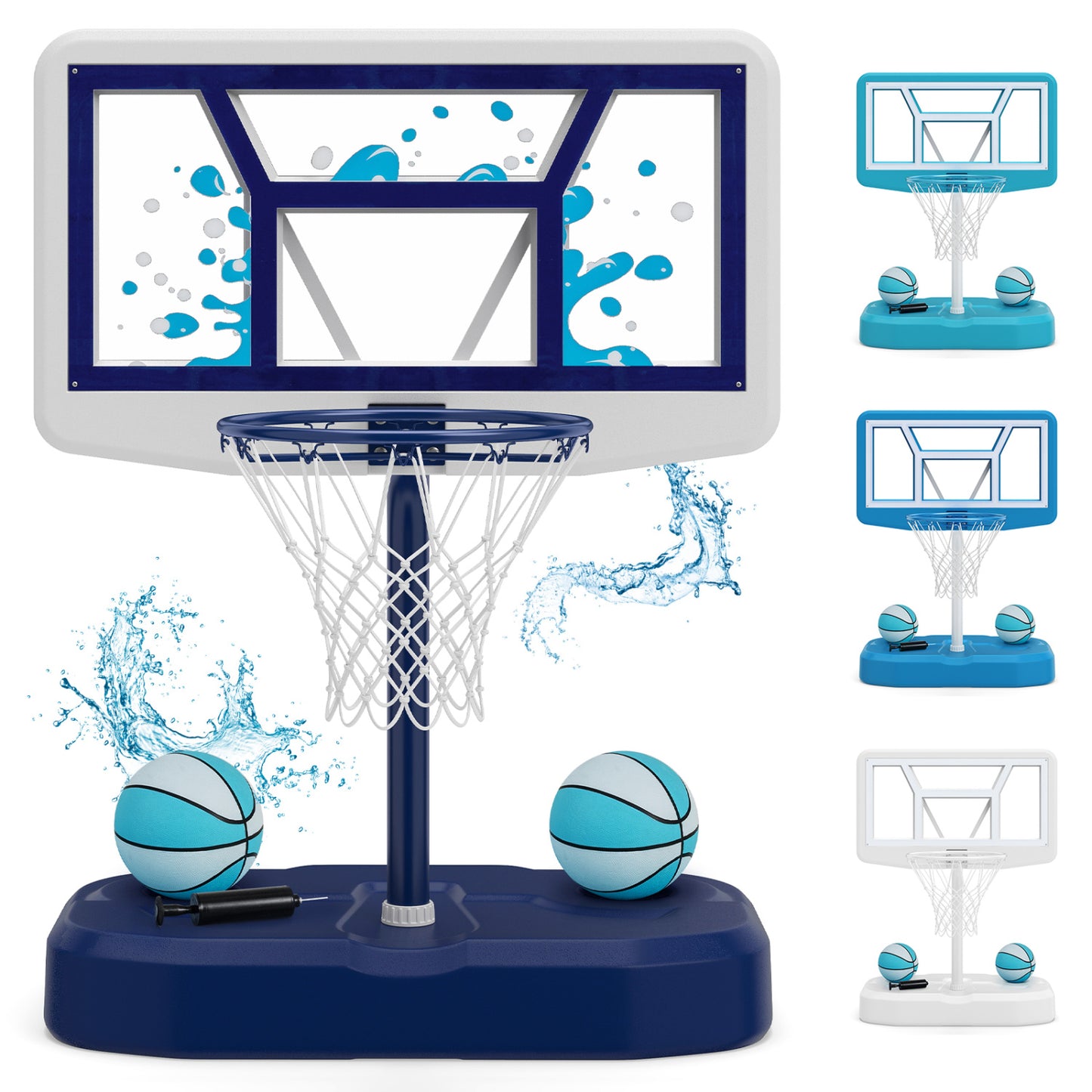 Ensemble de panier de basket pour piscine avec 2 ballons et pompe, bleu marine