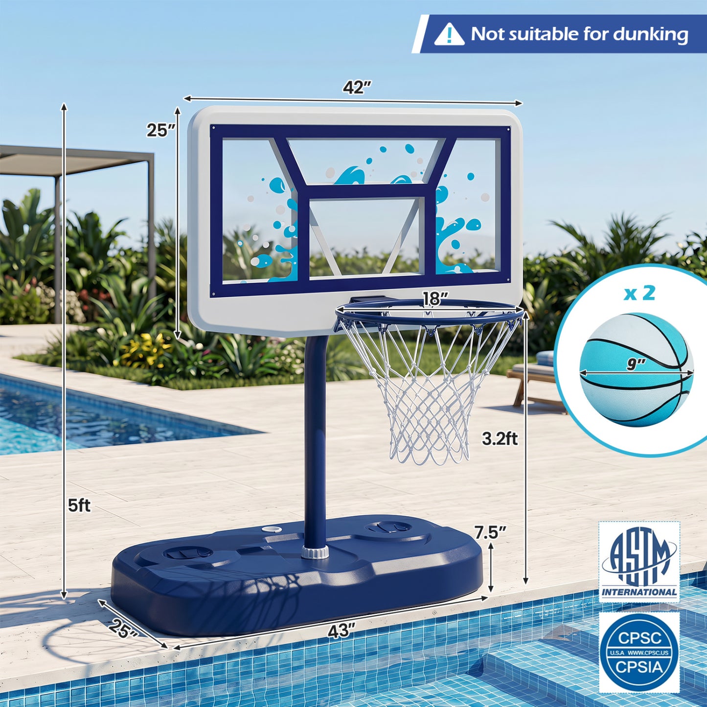 Ensemble de panier de basket pour piscine avec 2 ballons et pompe, bleu marine