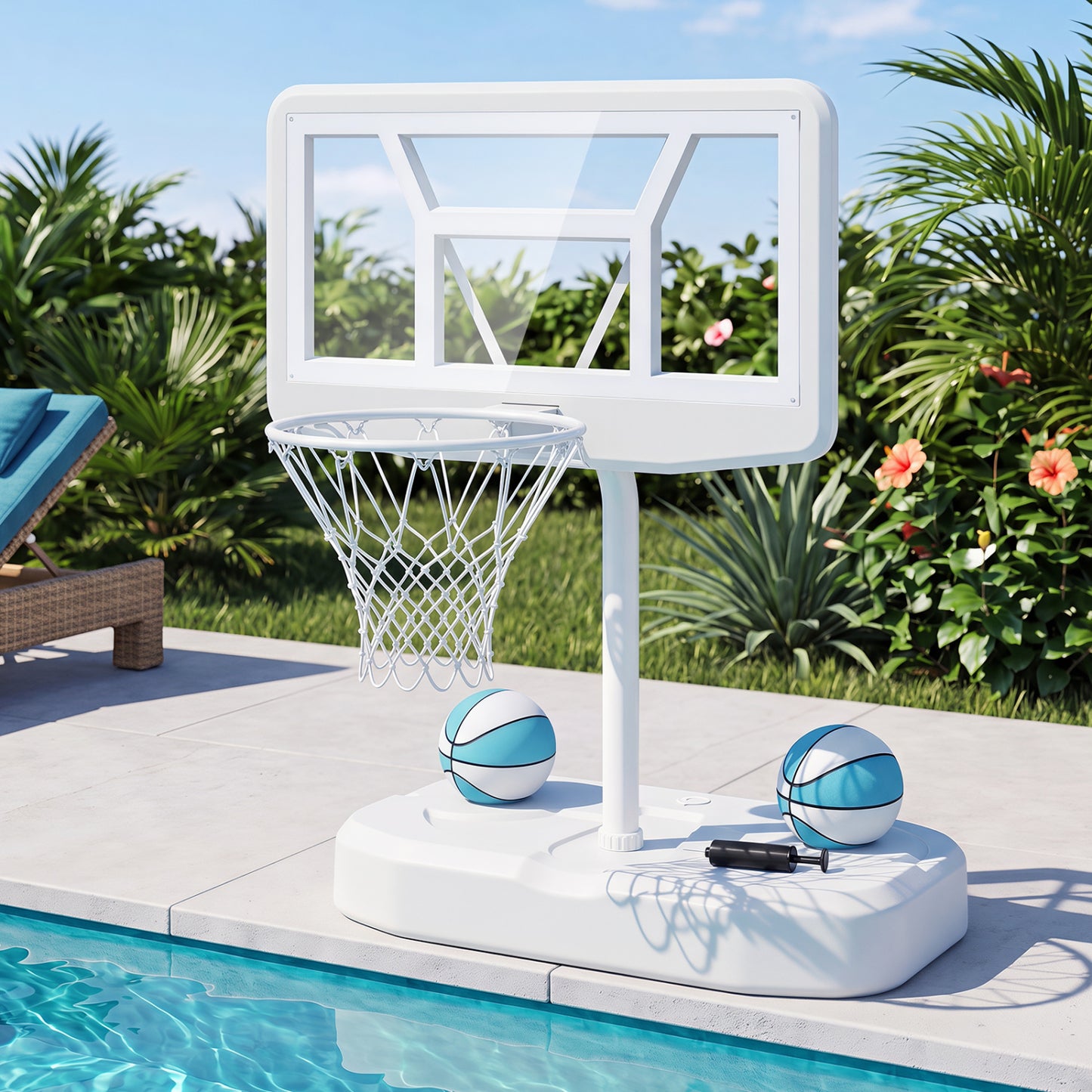 Pool Basketball Hoop Set, White, 2 Balls & Pump