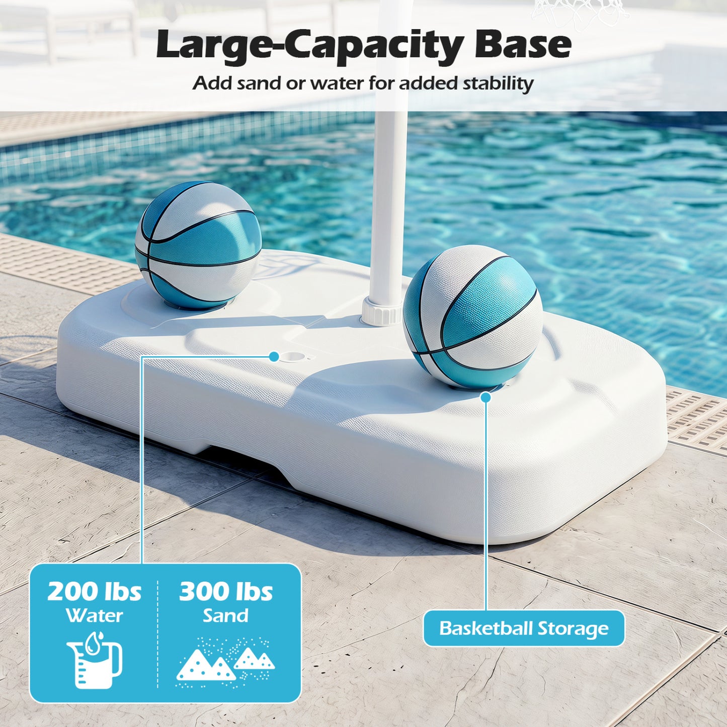 Pool Basketball Hoop Set, White, 2 Balls & Pump