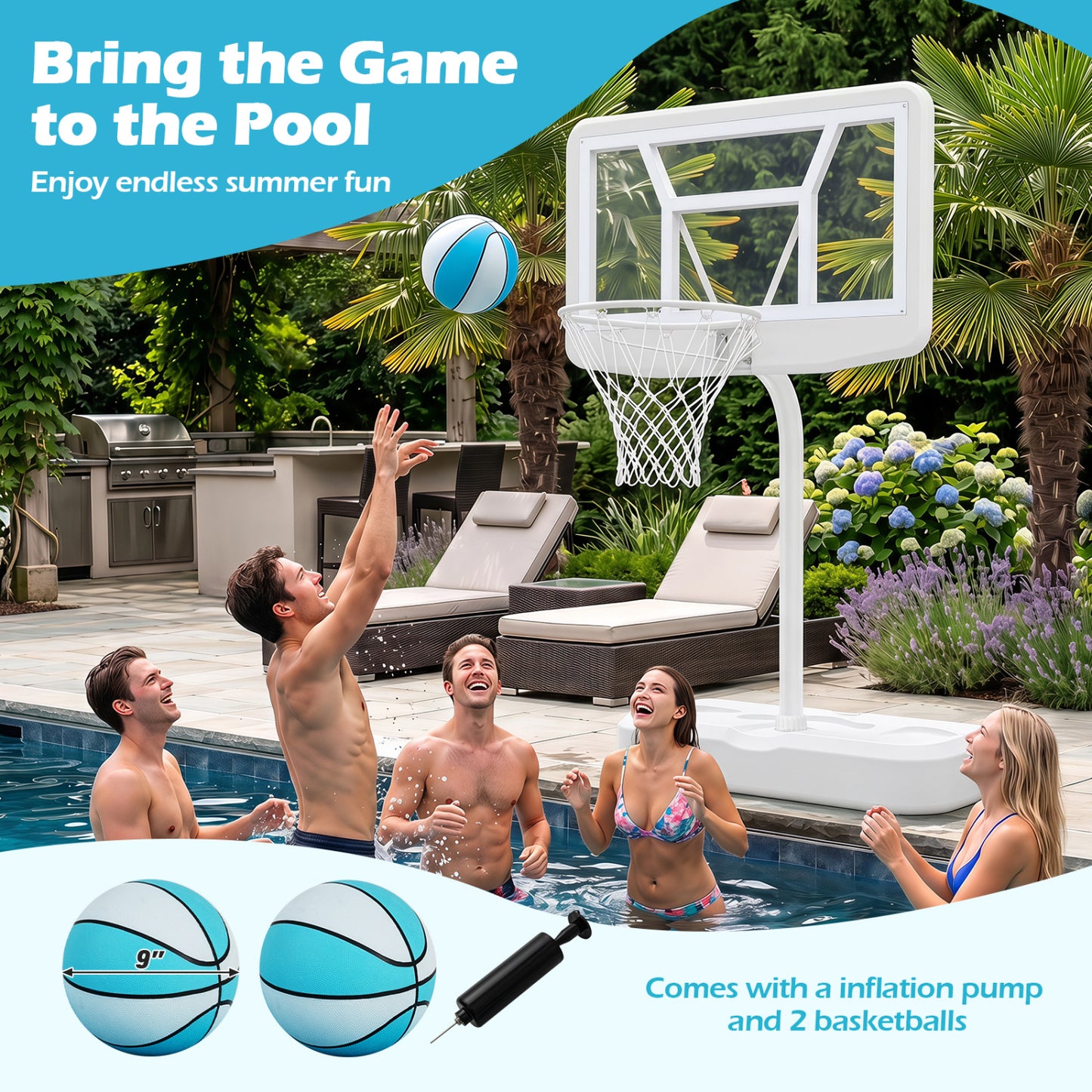 Pool Basketball Hoop Set, White, 2 Balls & Pump