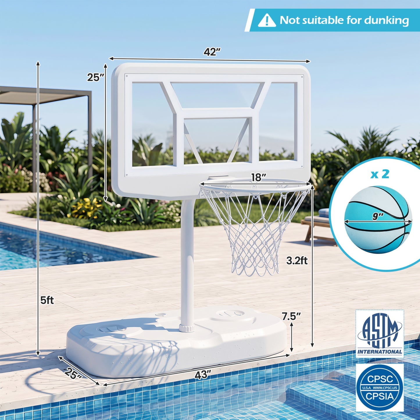 Pool Basketball Hoop Set, White, 2 Balls & Pump