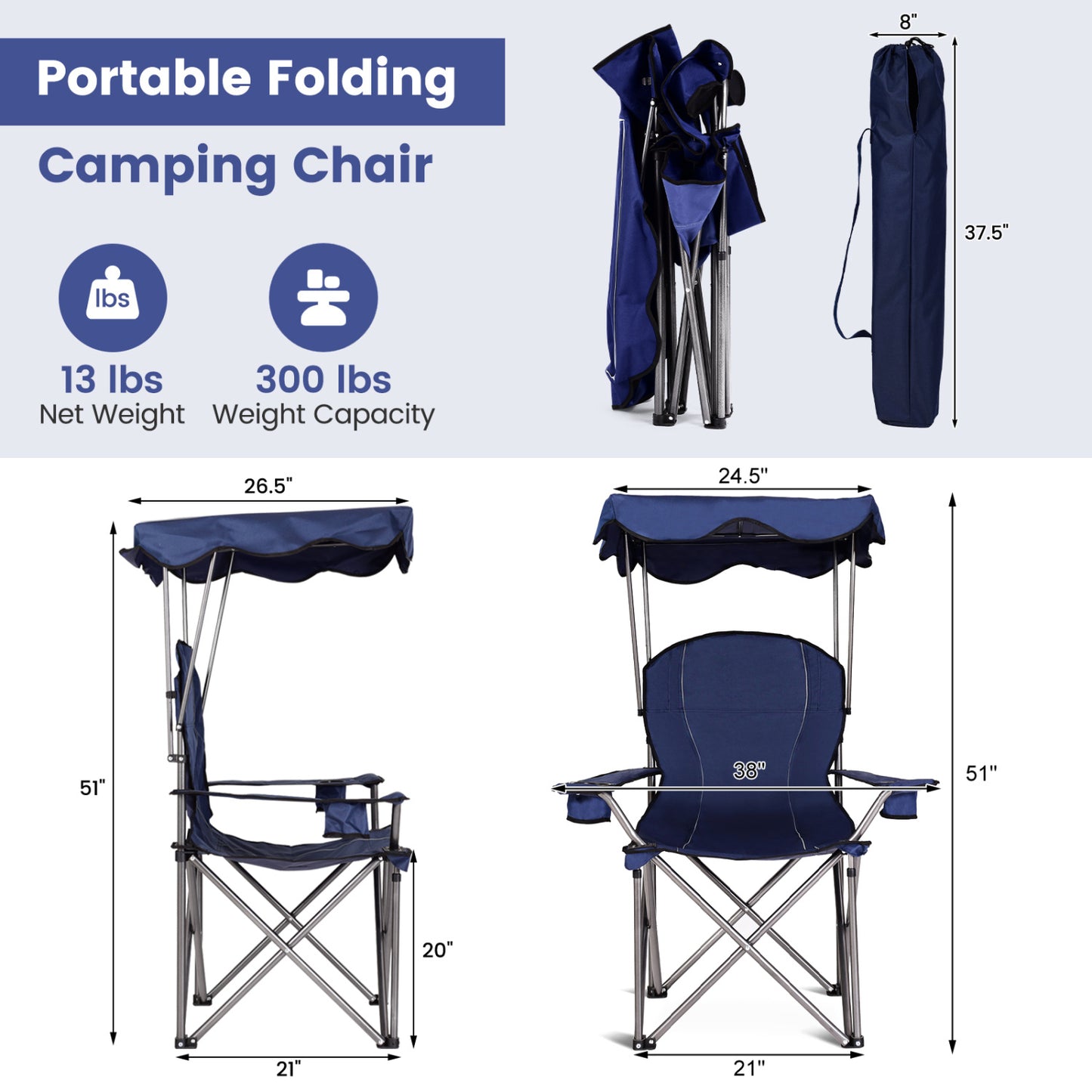 Portable Folding Beach Canopy Chair, Blue Camping Furniture at Gallery Canada