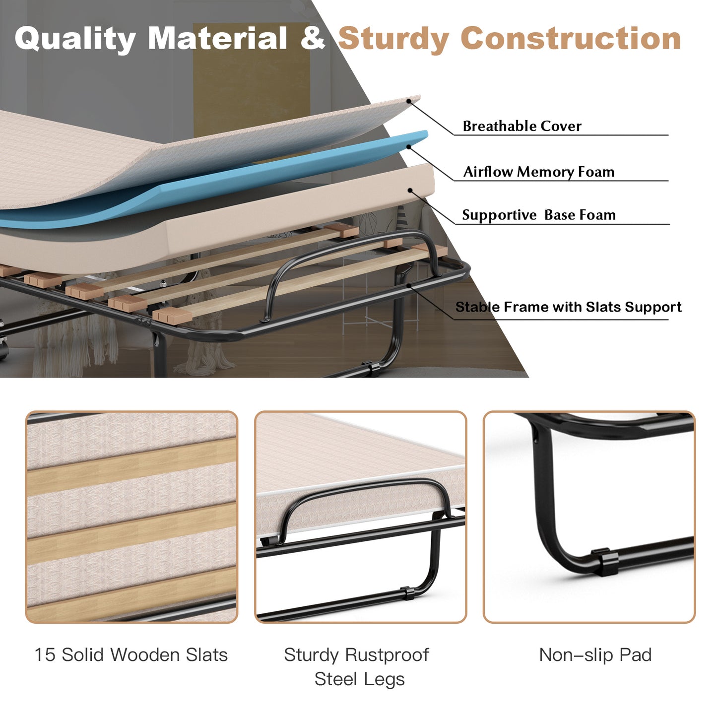 Portable Folding Bed, Memory Foam Mattress, Sturdy Metal Frame, Beige Folding Beds at Gallery Canada