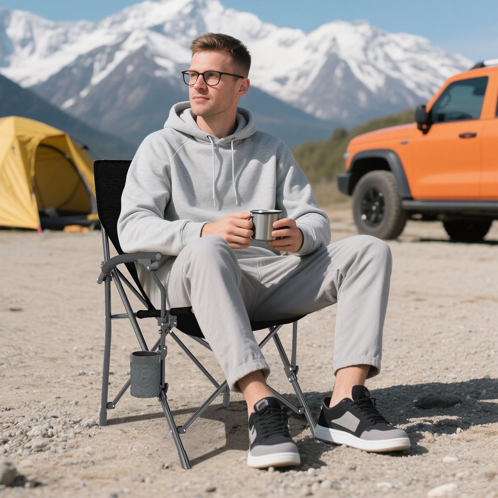 Portable Folding Camping Chair, Oxford Cloth, Cup Holder, Side Pocket, Gray Camping Furniture at Gallery Canada