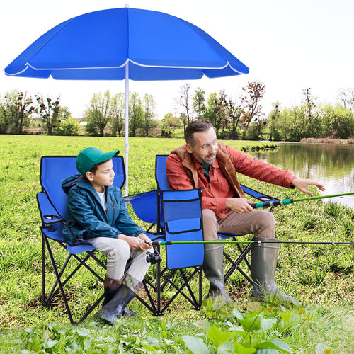Portable Folding Picnic Double Chair with Umbrella, Blue