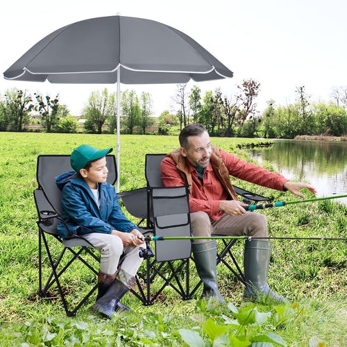 Portable Folding Picnic Double Chair With Umbrella, Gray
