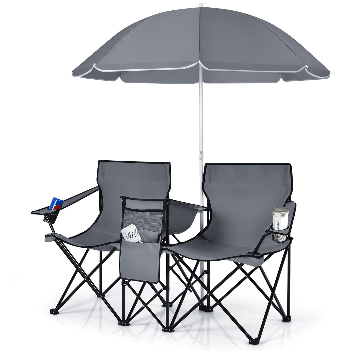 Portable Folding Picnic Double Chair With Umbrella, Gray Camping Furniture at Gallery Canada