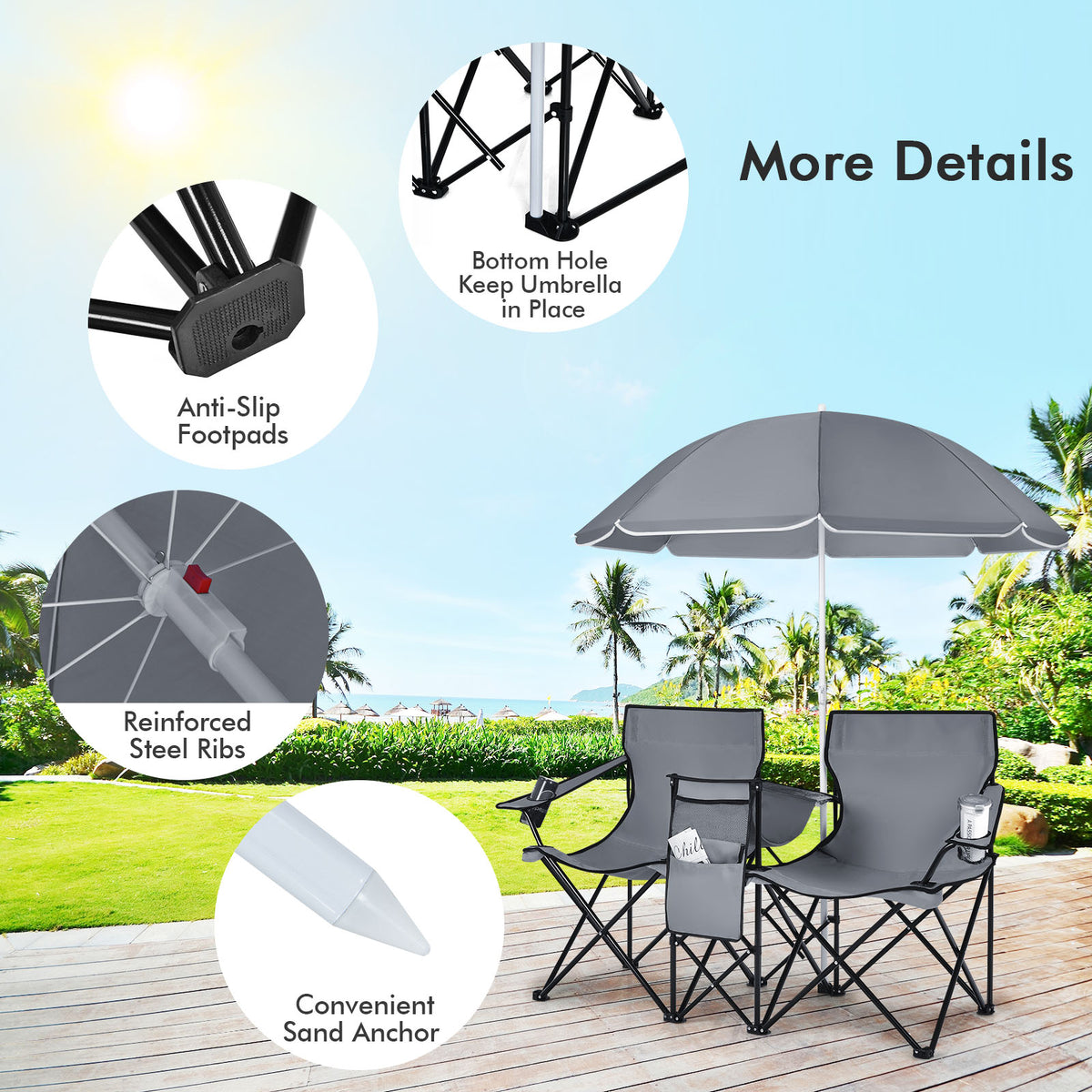 Portable Folding Picnic Double Chair With Umbrella, Gray Camping Furniture at Gallery Canada