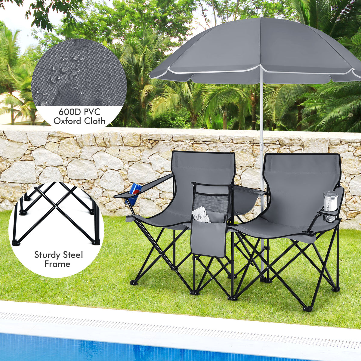 Portable Folding Picnic Double Chair With Umbrella, Gray Camping Furniture at Gallery Canada