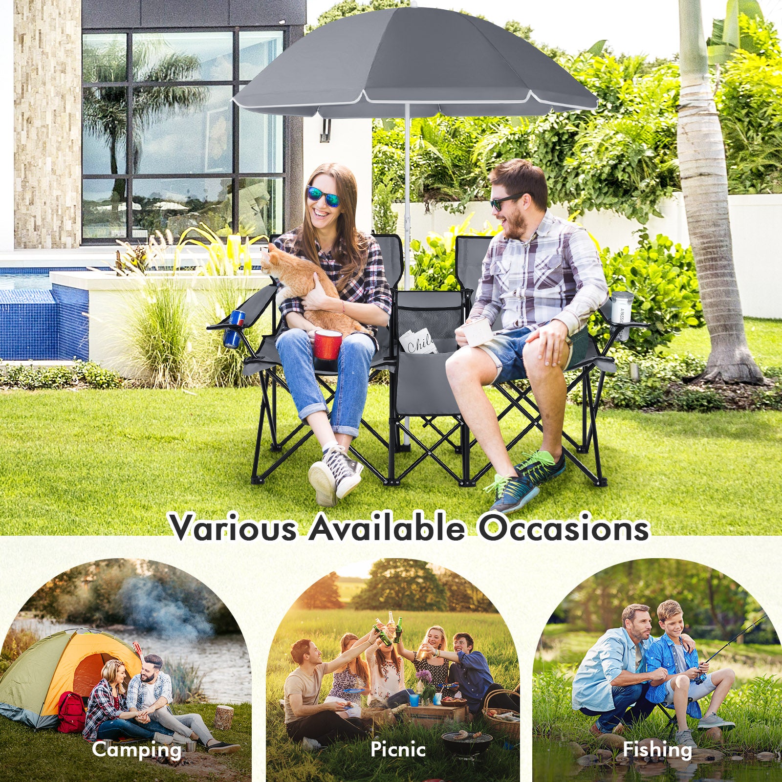 Portable Folding Picnic Double Chair With Umbrella, Gray Camping Furniture at Gallery Canada