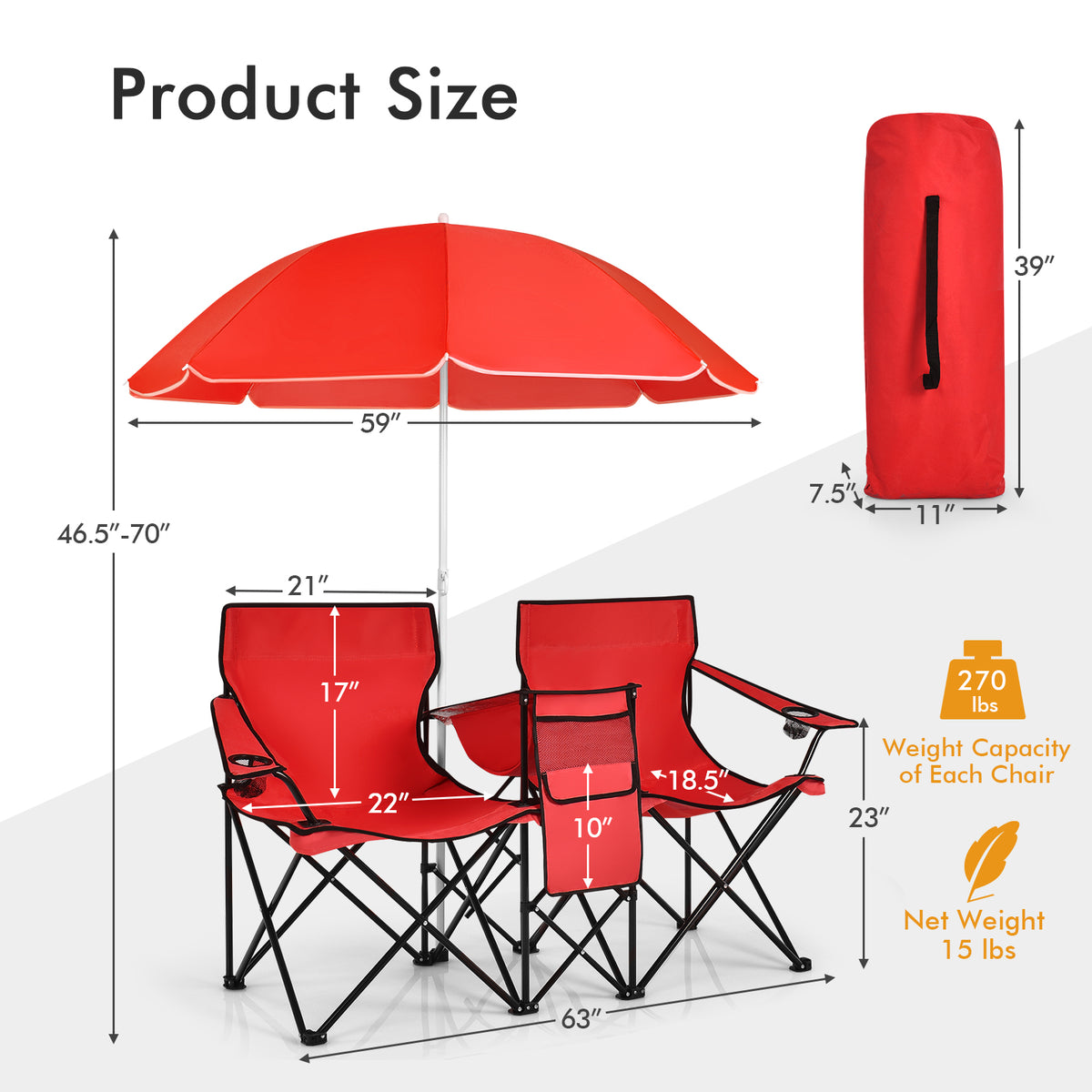 Folding Picnic Double Chair With Umbrella, Red Camping Furniture at Gallery Canada