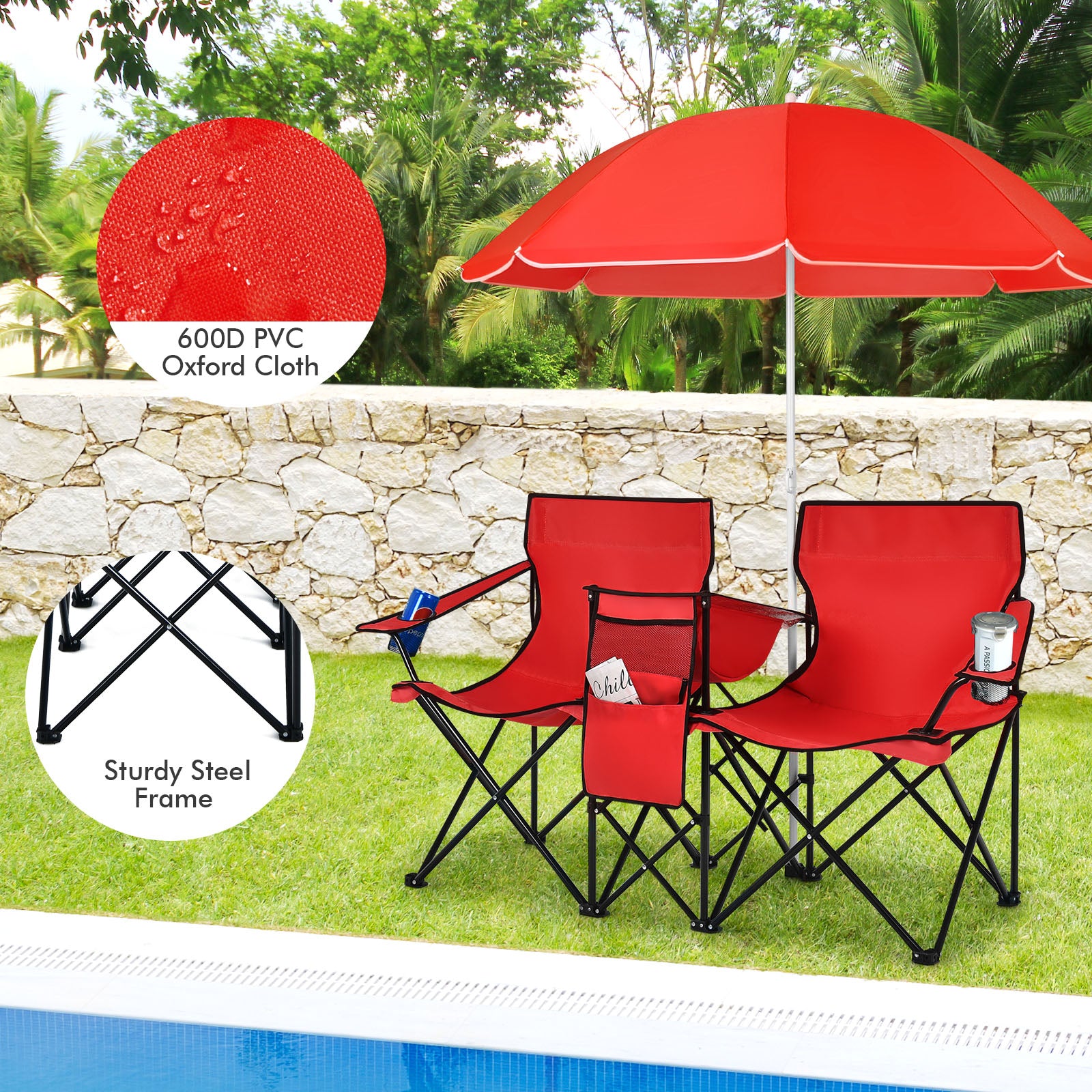 Folding Picnic Double Chair With Umbrella, Red Camping Furniture at Gallery Canada