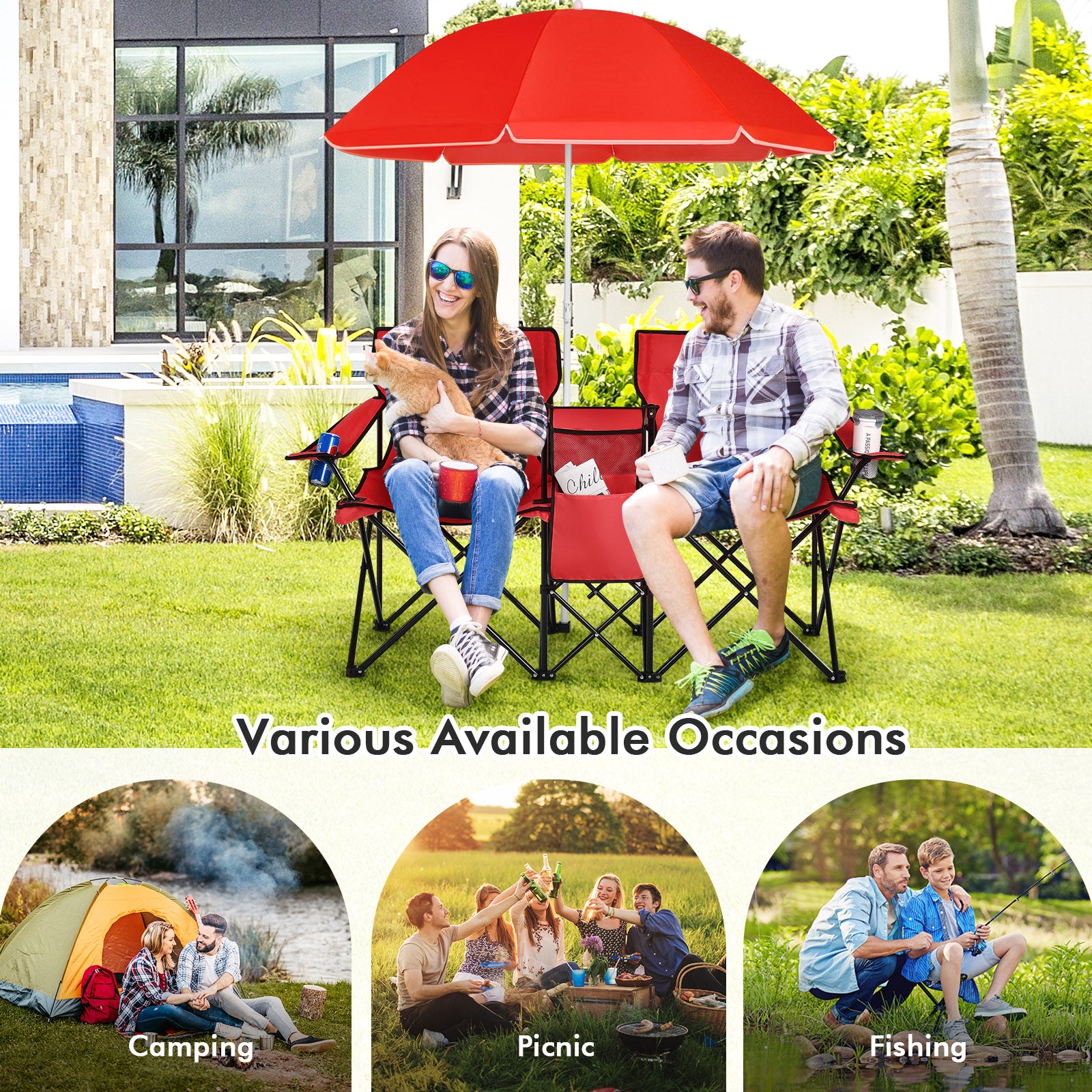 Folding Picnic Double Chair With Umbrella, Red Camping Furniture at Gallery Canada