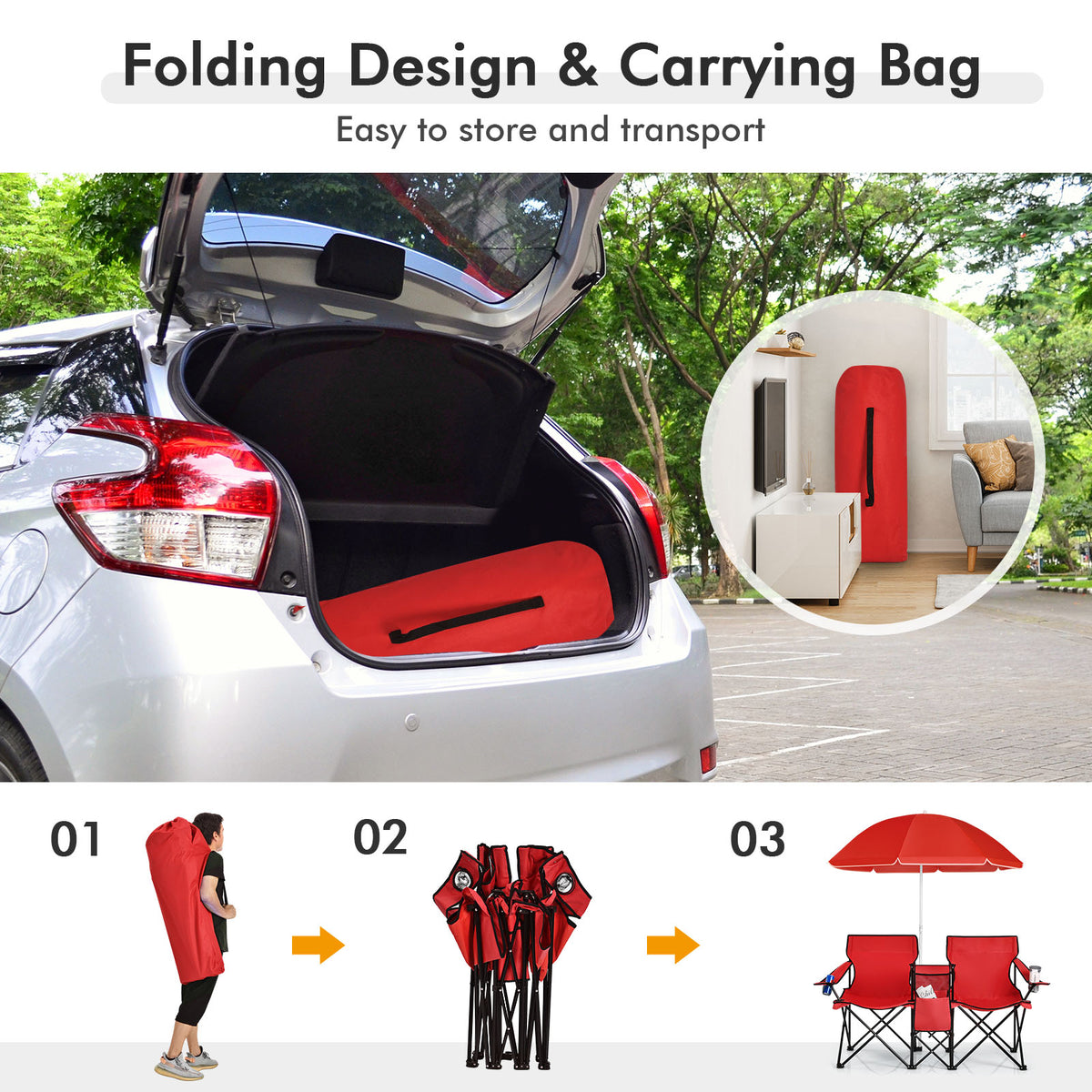 Folding Picnic Double Chair With Umbrella, Red Camping Furniture at Gallery Canada