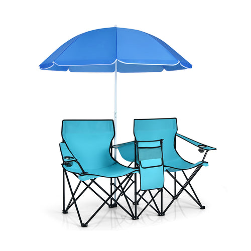 Folding Picnic Double Chair With Umbrella, Turquoise