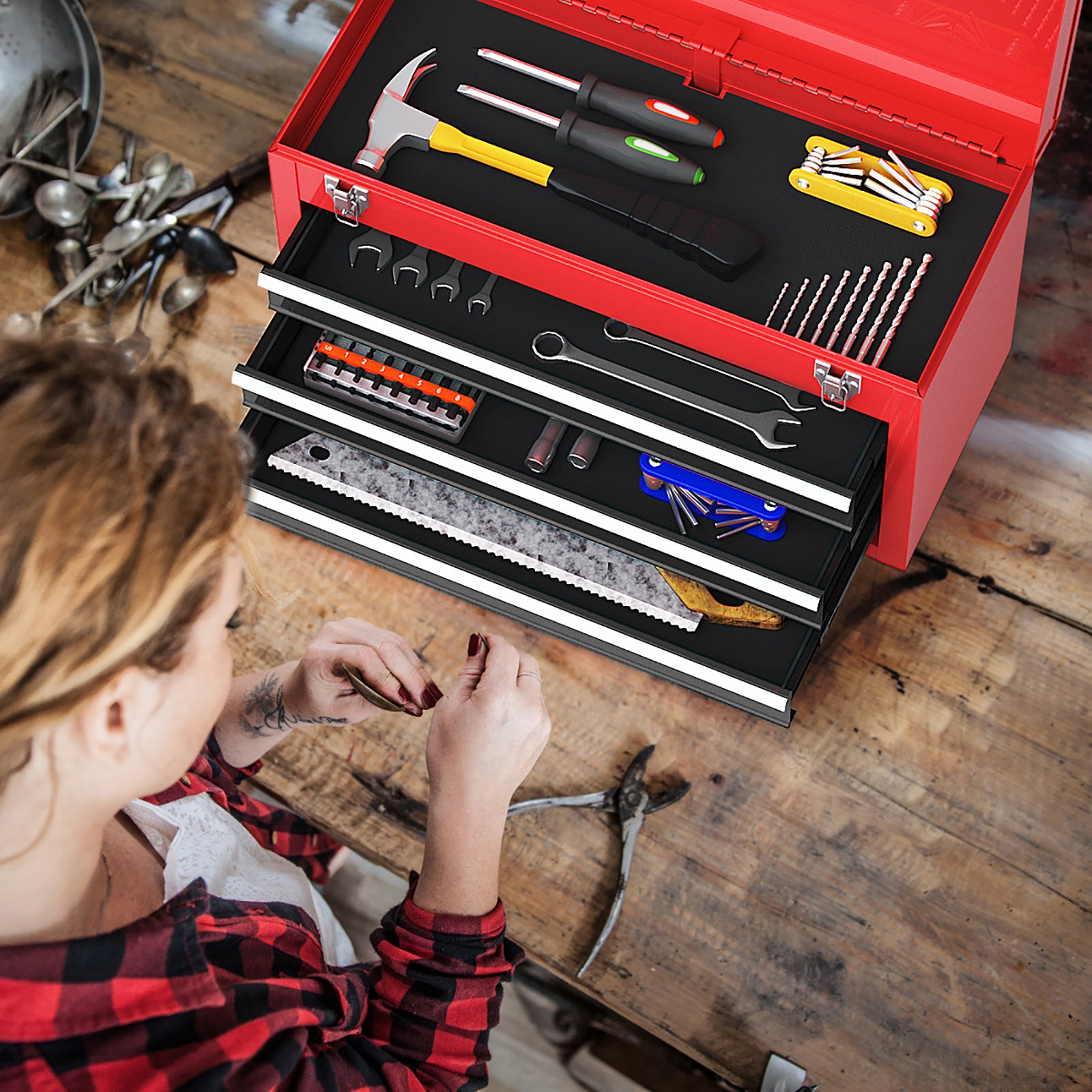 Portable Garage Tool Cabinet, 3 Drawers, Black Red Garages at Gallery Canada