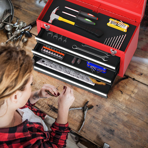 Portable Garage Tool Cabinet, 3 Drawers, Black Red