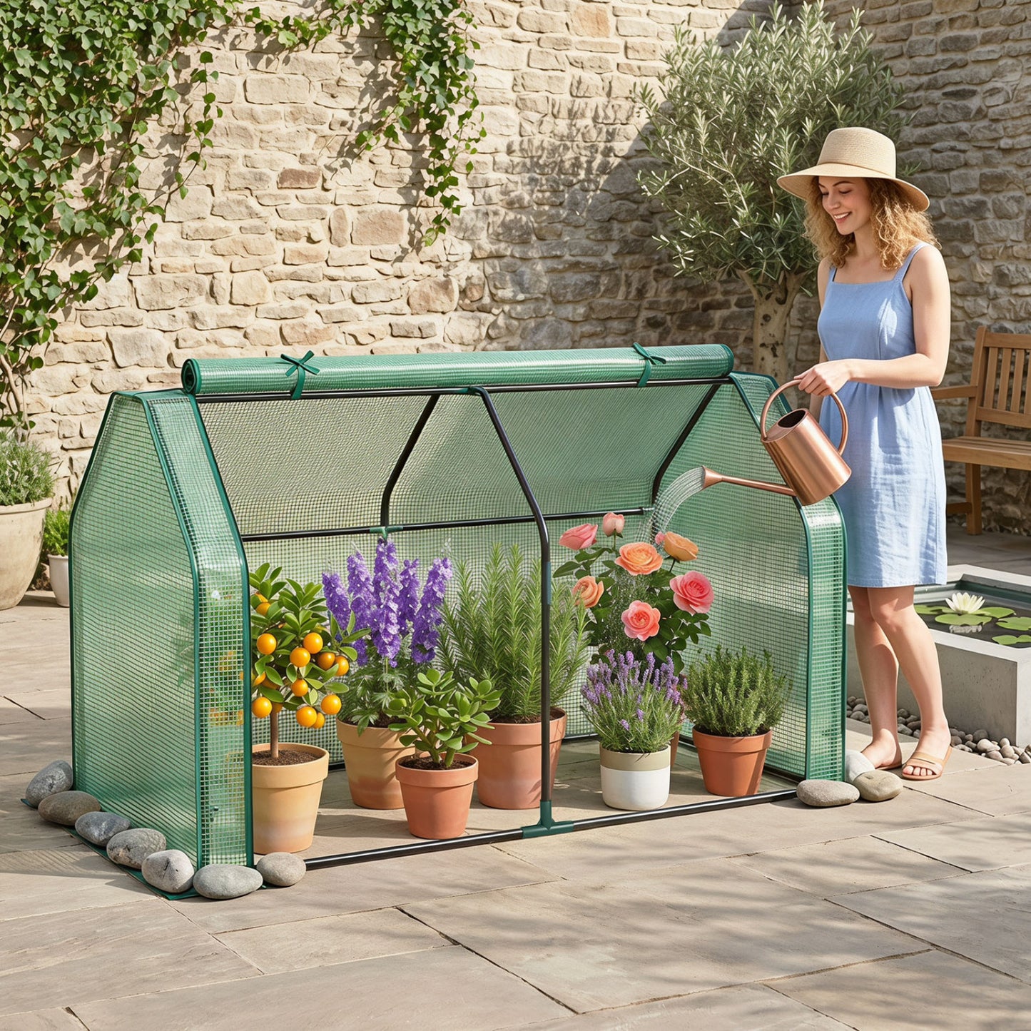Portable Mini Greenhouse with PE Cover, Zippered Door, Green
