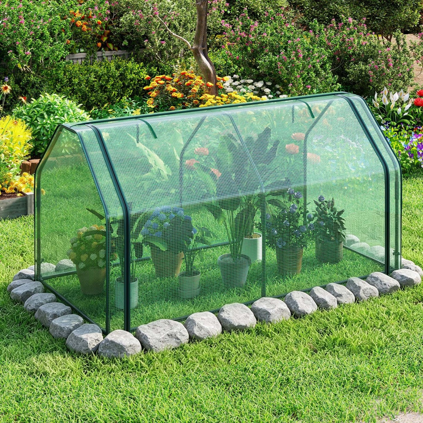 Portable Mini Greenhouse with PE Cover, Zippered Door, Green