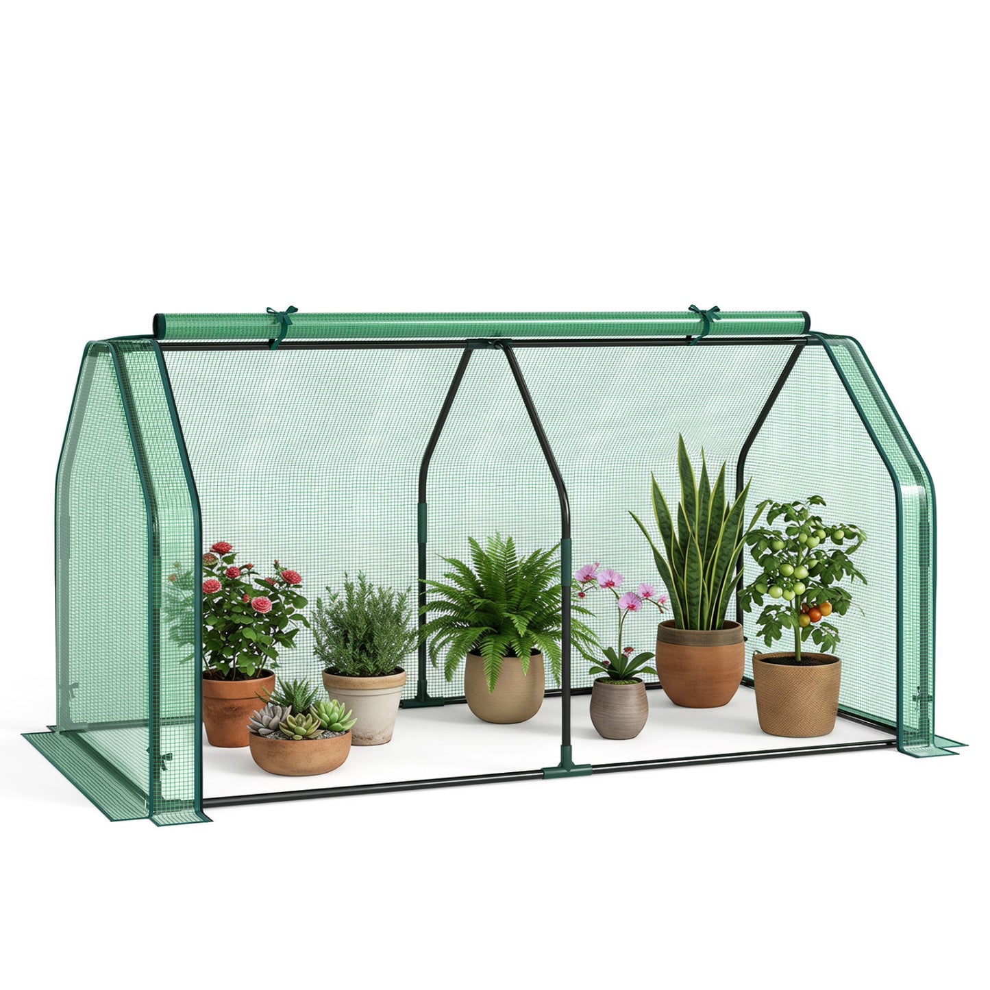 Portable Mini Greenhouse with PE Cover, Zippered Door, Green