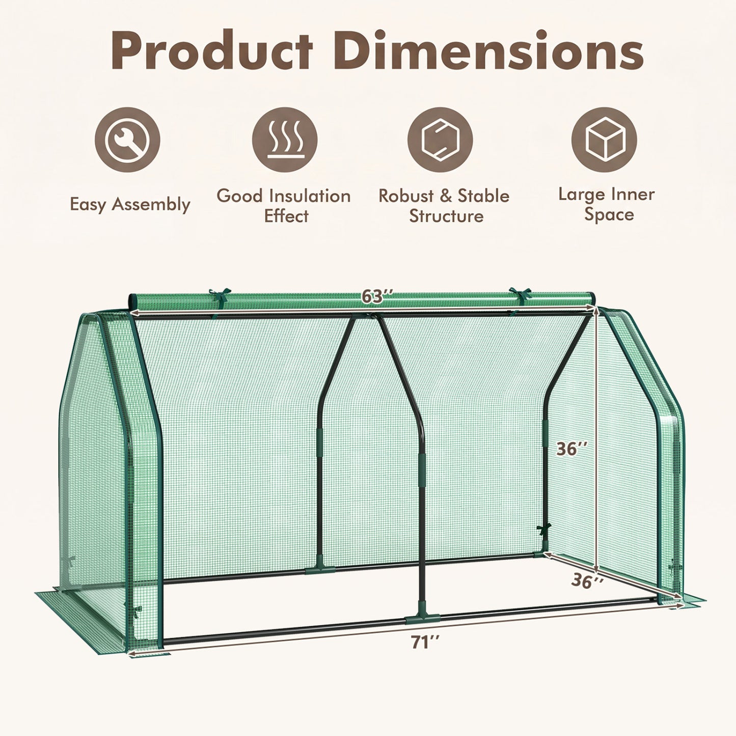 Portable Mini Greenhouse with PE Cover, Zippered Door, Green