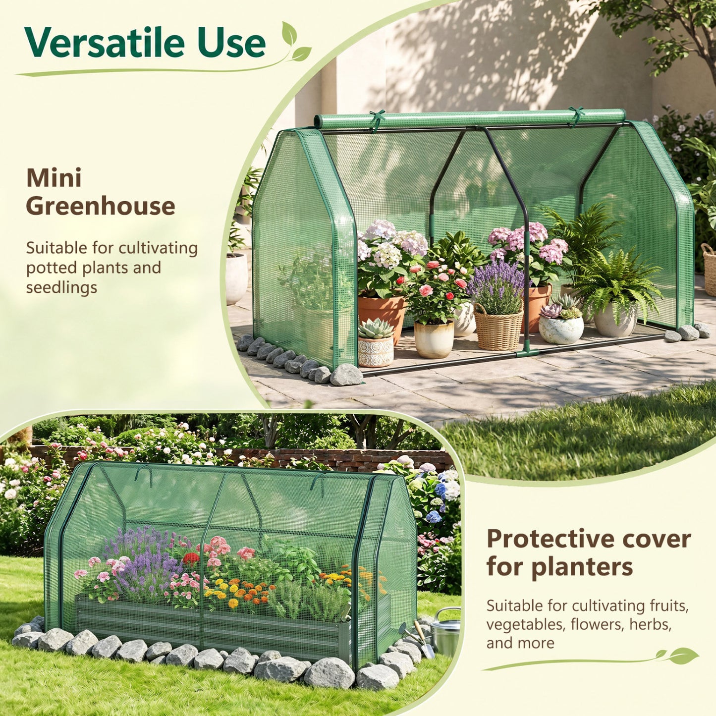 Portable Mini Greenhouse with PE Cover, Zippered Door, Green